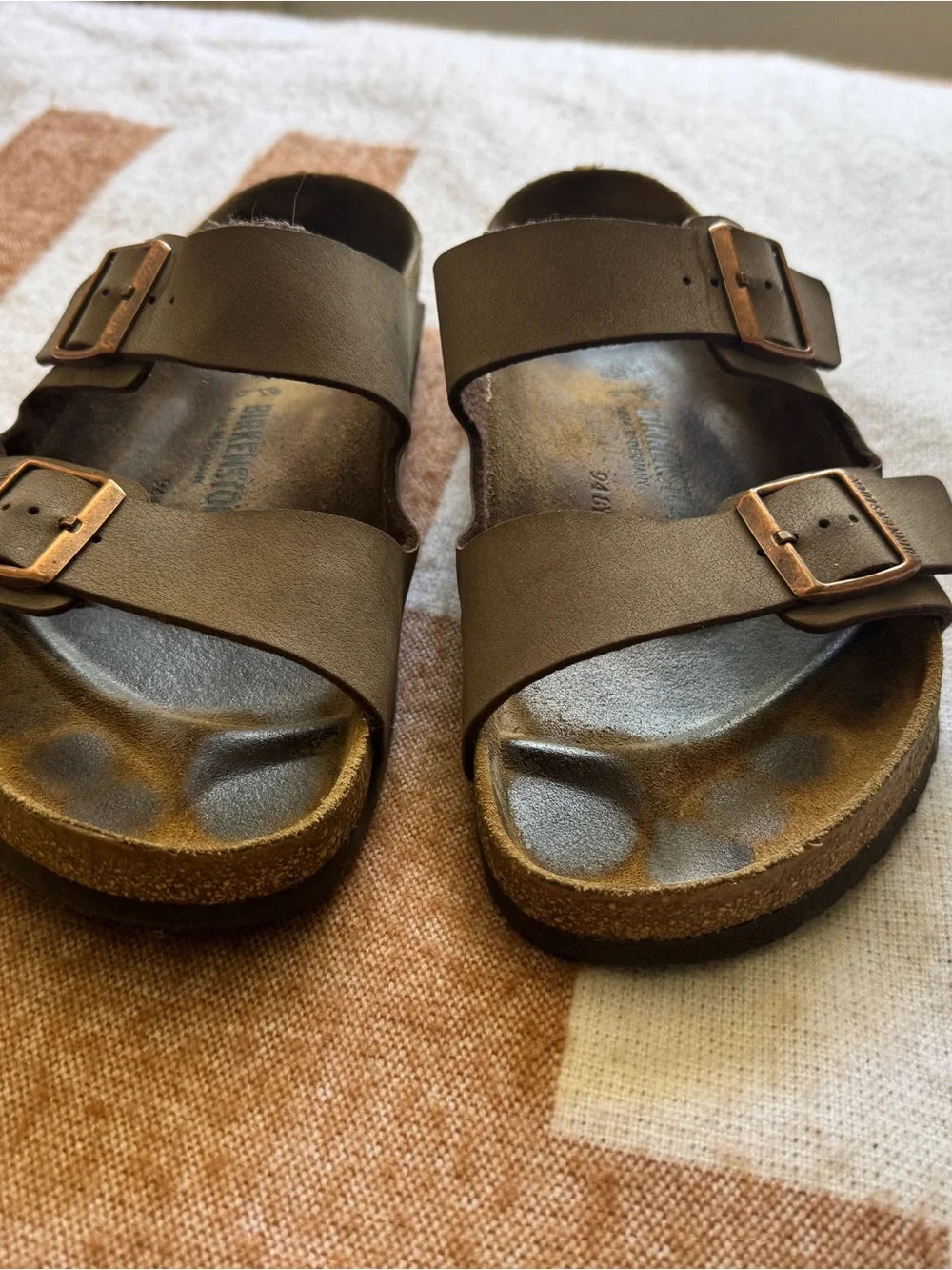 Birkenstock Arizona Two-Strap Sandals in Olive Brown with Brass Buckles